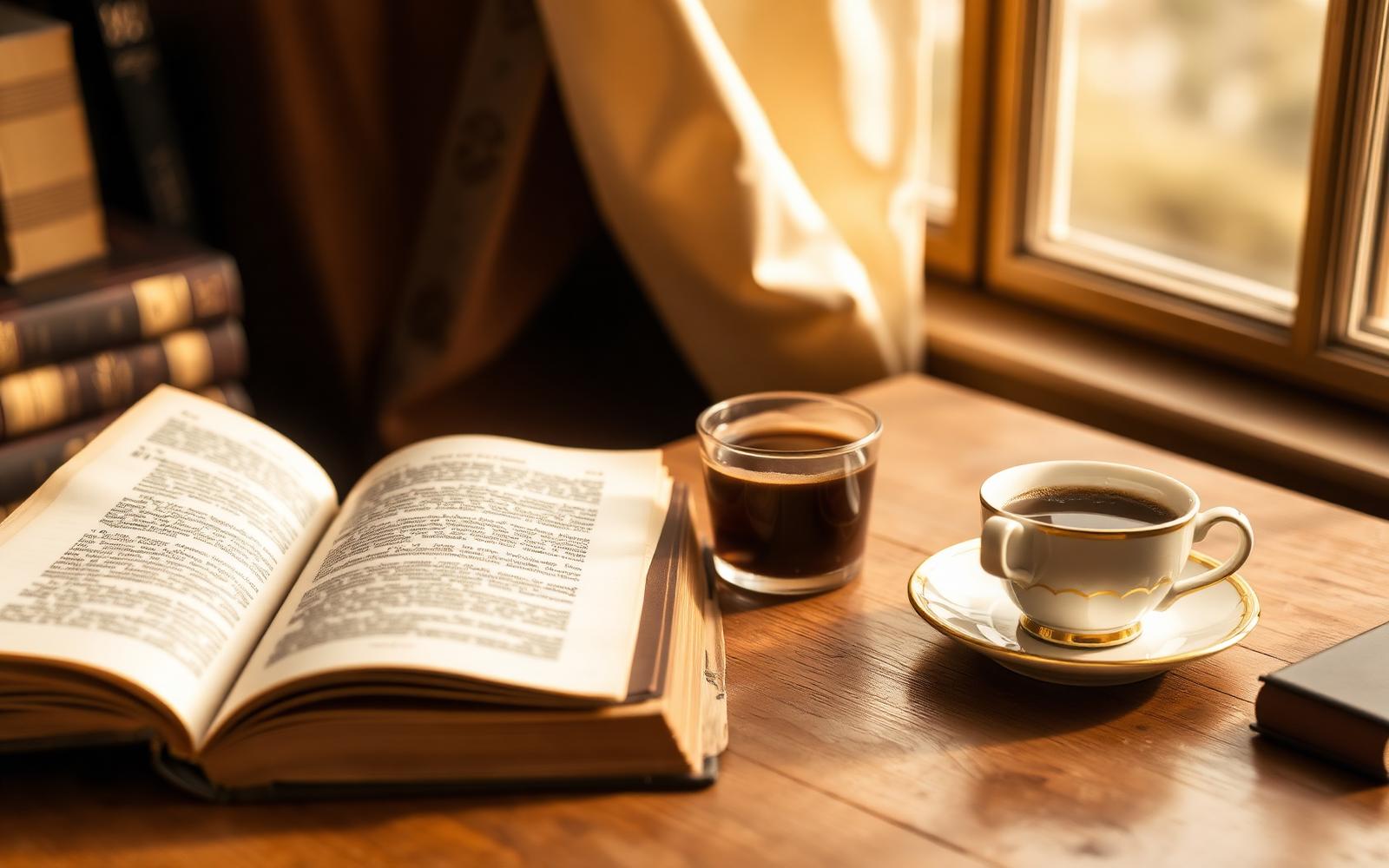 An open book beside a cup of coffee in warm afternoon light