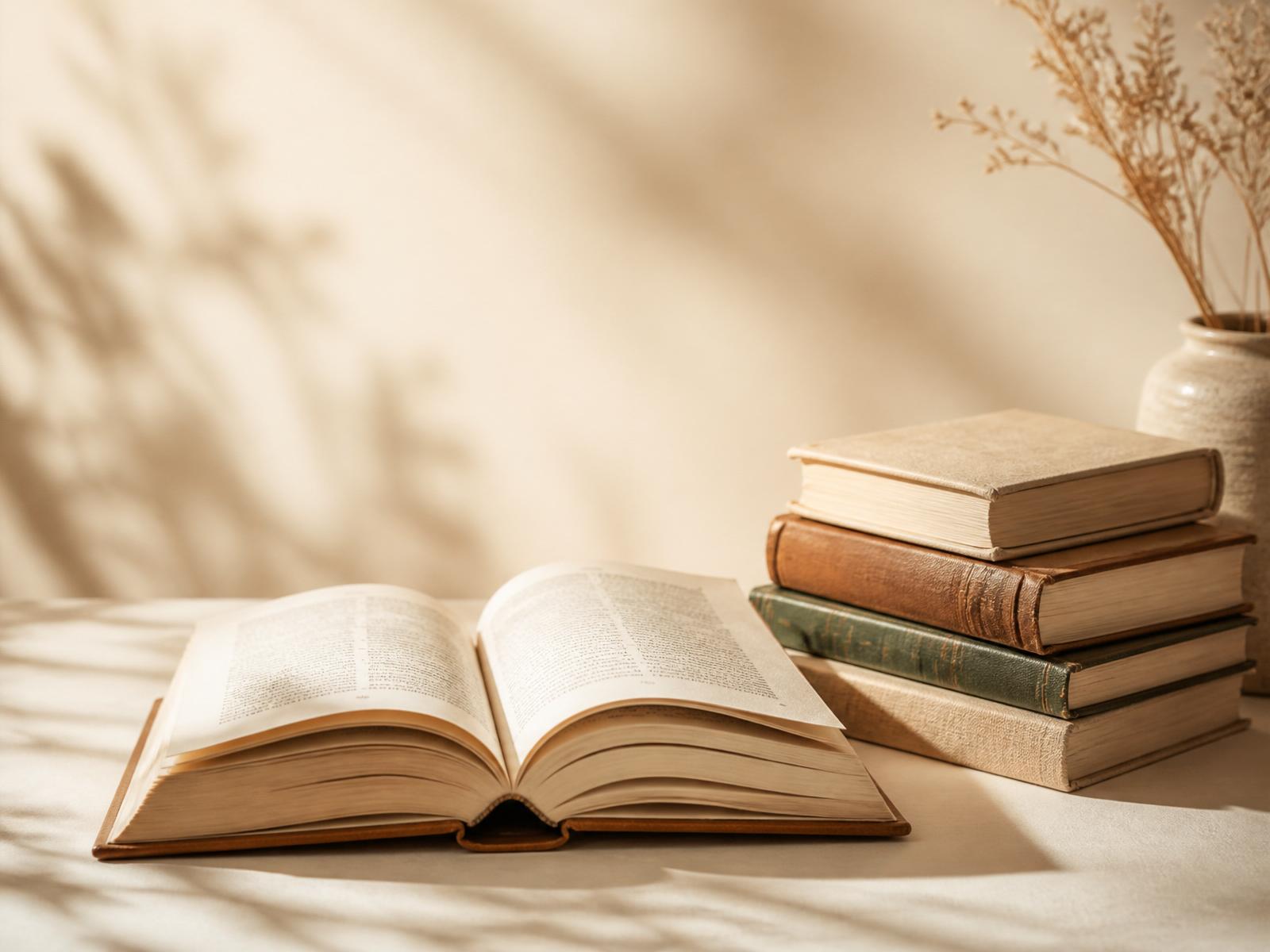 Warm reading nook with an open book and a stack of literary novels in soft afternoon light